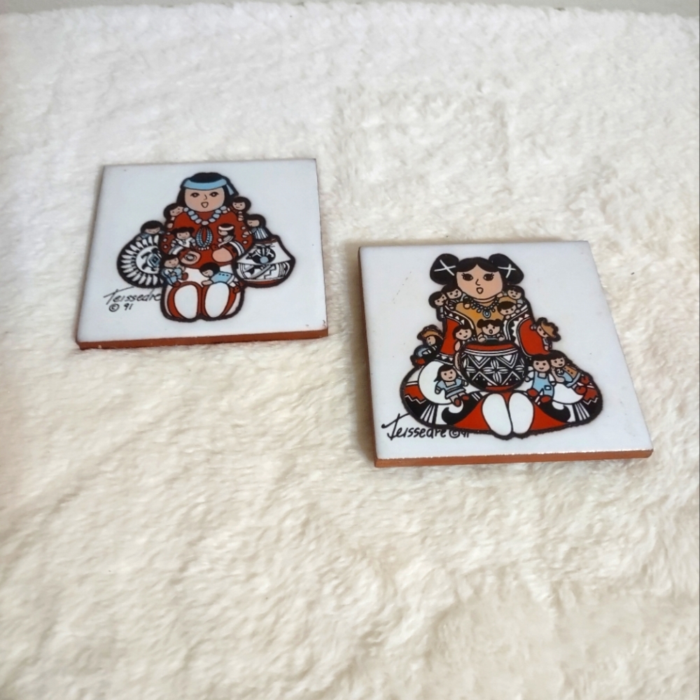 2 Teissedre Tiles Ceramic Trivet Hand Painted "4 x 4" Vintage 1991